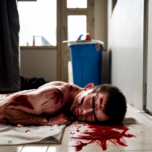 A shirtless random man (neighbor), face are hiding by shirt, died already, chest open wounded, blood everywhere, eye closed, floor on corpse.