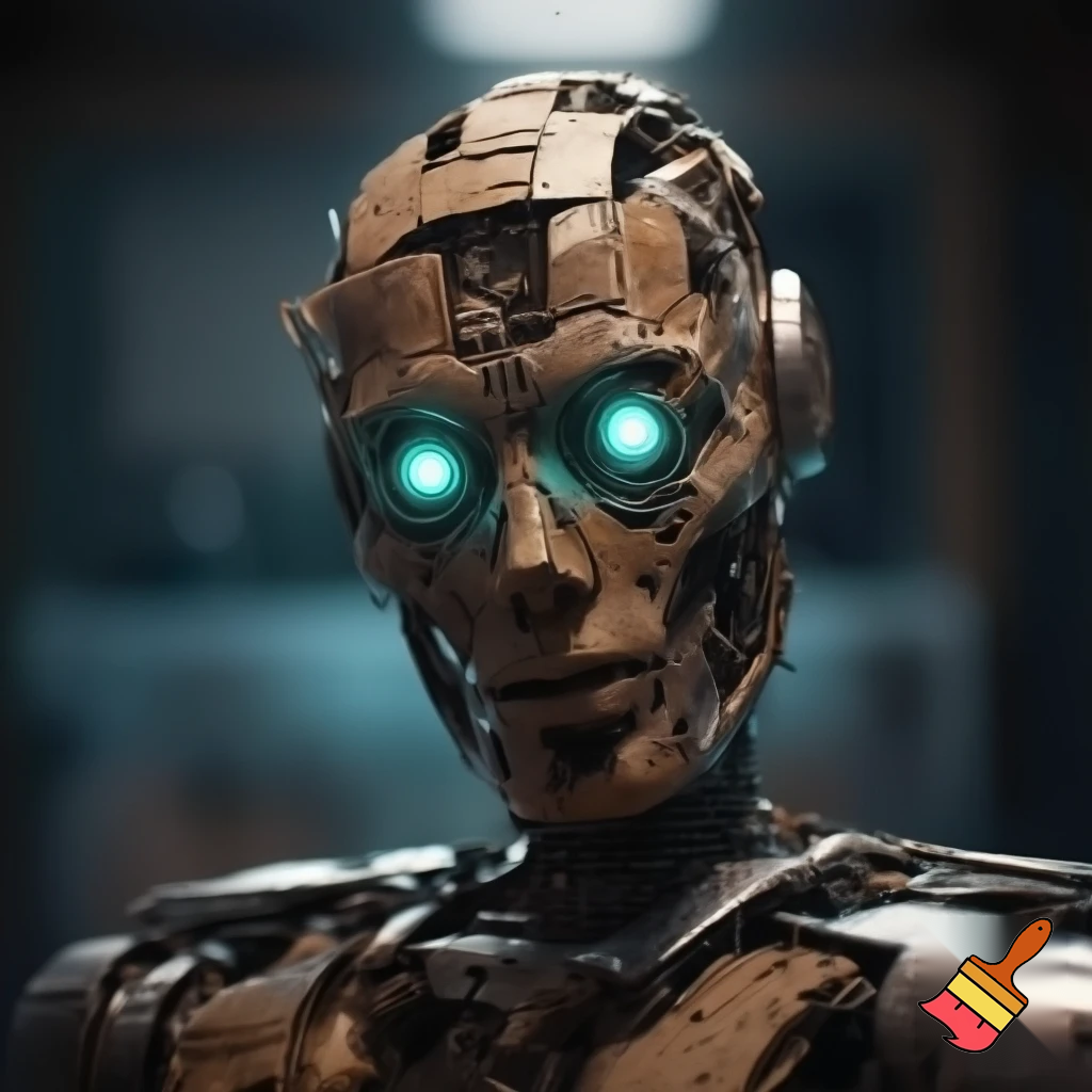 selfi standind robot face opened statue in cardboard