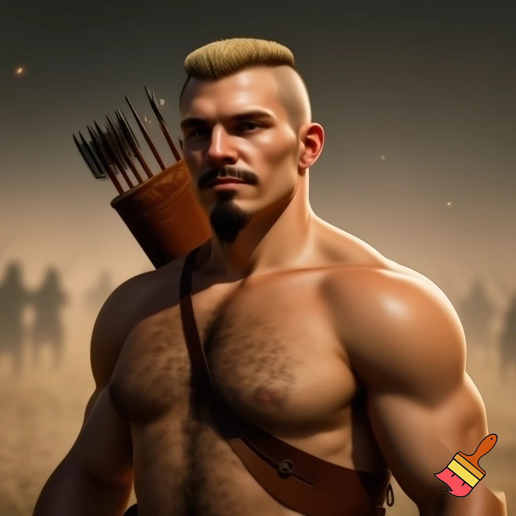 A photograph captures a muscular medieval archer from the chest up, standing shirtless in a bright battlefield setting. He has fair skin, a defined hairy chest, a strong jawline, and a pointed goatee connected to his mustache with clean-shaven cheeks. His blond flattop haircut is slightly longer on top, military-style. A leather quiver full of arrows is slung across his back, and a leather strap crosses his chest. The lighting is warm and natural, with a neutral facial expression and a softly blurred background showing soldiers and dust in the air.
