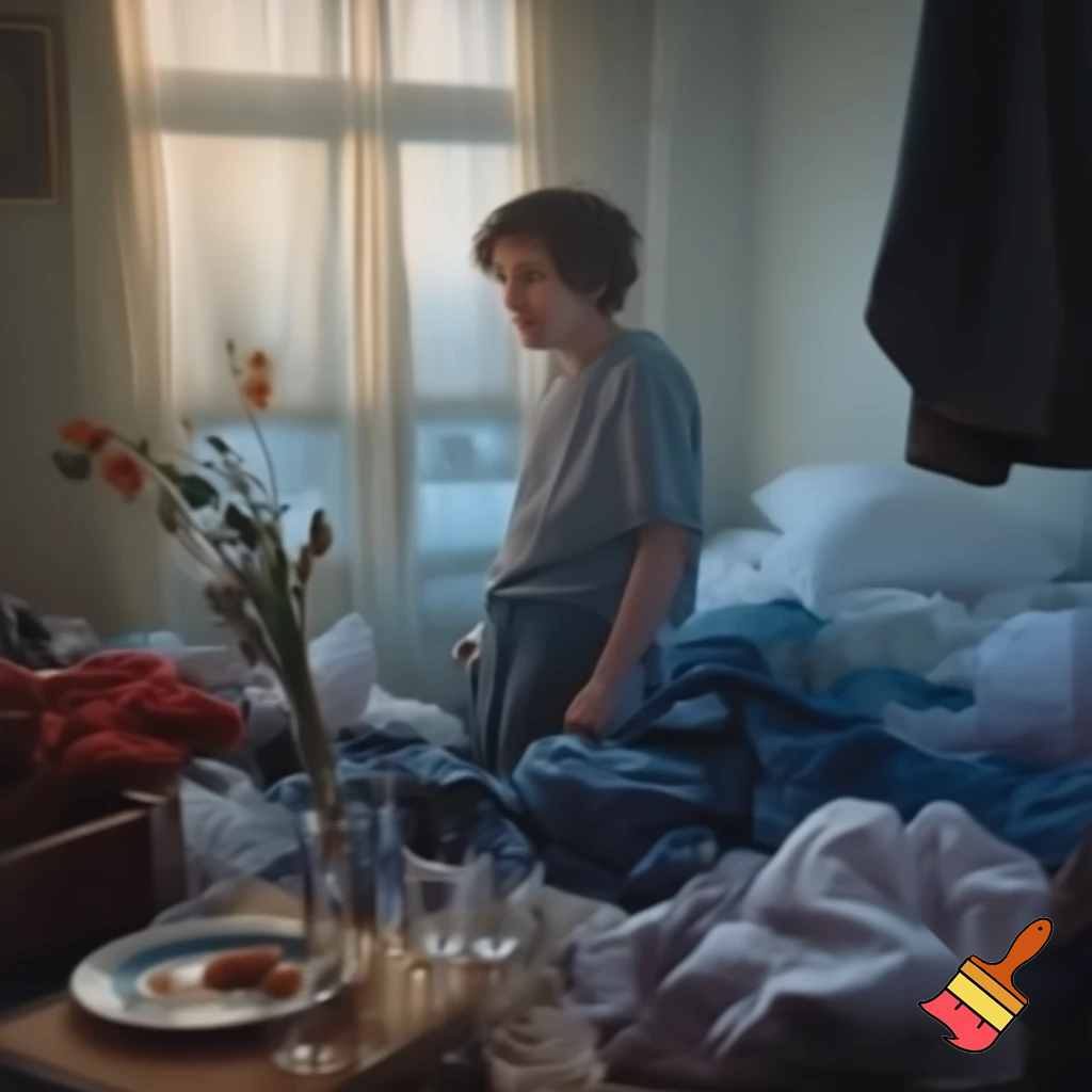 „A messy bedroom in the early morning, weak cool daylight coming through the window. A frustrated person stands or sits in the room, looking annoyed at many small disturbing details: a half‑wilted bouquet of flowers, several empty glasses from the night before, remains of a eaten compote on a plate, clothes and everyday objects lying around in disarray. Mood: sobering, slightly depressing, plain morning atmosphere. Realistic, natural style, subtle colors, photorealistic lighting.“ Make it Format 1:1