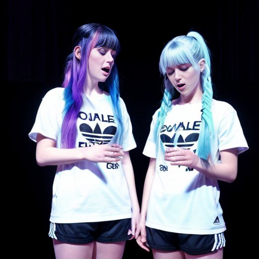 Two girls (both adults) standing while two spotlights slightly shine over them while playing synths (there are two synths, one in front of each of them), facing each other (as in, not side by side) and looking very sad and tearing up, one with very long, non-curly, light blue hair, and the other with lavender hair in a ponytail, both shirtless and barefoot, with medium-sized eyes, and wearing black Adidas shorts with logo, white outlines, and v-cuts (full body shown), there are also two microphones pointing at them (they aren't singing tho). For extra stakes, this is a synth duel, final round, and the two girls are synthing for their life because two floating hands with black tuxedo sleeves and white gloves (one on each side) are pointing guns behind their heads, only one synther will survive, so they better not slip up their piece. Also, anime, but the background colors look vibrant blue, and the stage is lit up with a big, white, very bright screen saying "Synth Duel: Final Round" in light blue, all uppercase, non-pixelated letters. 