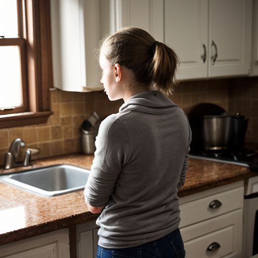 Back shot, close, A 14 year old standing. Her hands dried in mud. Wearing a scarf. Standing near kitchen counter.