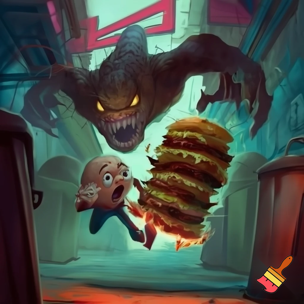 use a small chap eating a massive burger while getting chased by a terrifying monster