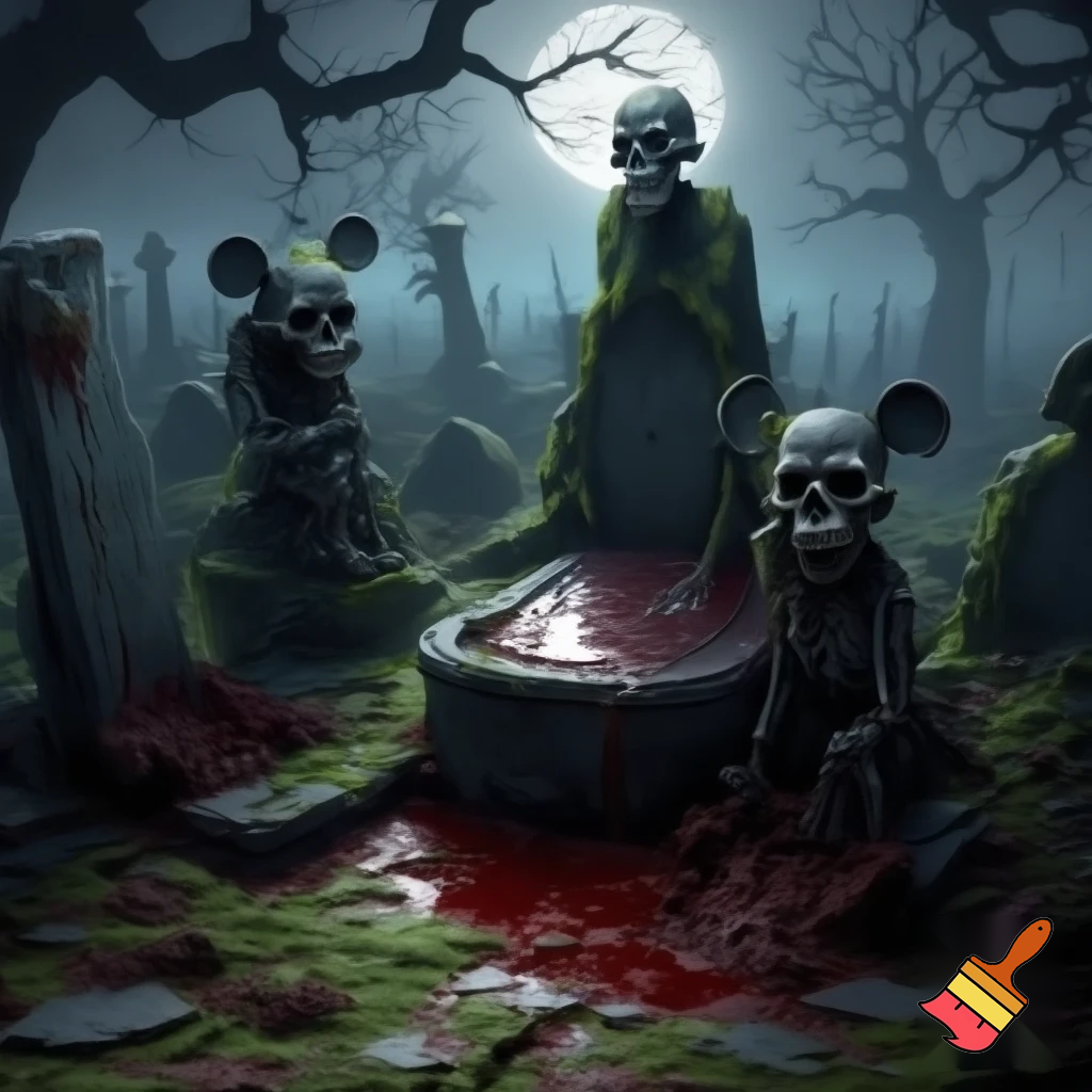 Ancient stone graveyard of Mickey Mouse with blood sacrifice