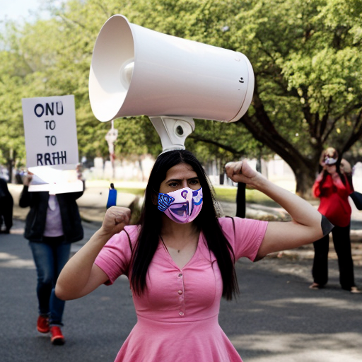 Crea una mujer luchando por los derechos de los niños, con un megafono en la mano
