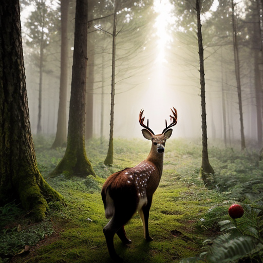 A gentle, intelligent-looking female deer named Mimi stands in a misty, magical forest. She wears a classic tweed deerstalker hat, like an old-fashioned detective. Perched playfully between her antlers is a tiny, energetic squirrel, acting as a lookout, peering into the distance. In the foreground, a large bear footprint and a bright red berry lie on the forest floor, being carefully examined through a shiny magnifying glass held near them. The forest is full of tall trees with soft green leaves, beams of sunlight shining through the mist, and dappled light on the ground. The mood is “whimsical mystery” — cozy, curious, and slightly foggy, with soft, storybook-style colors and gentle expressions on the animals’ faces