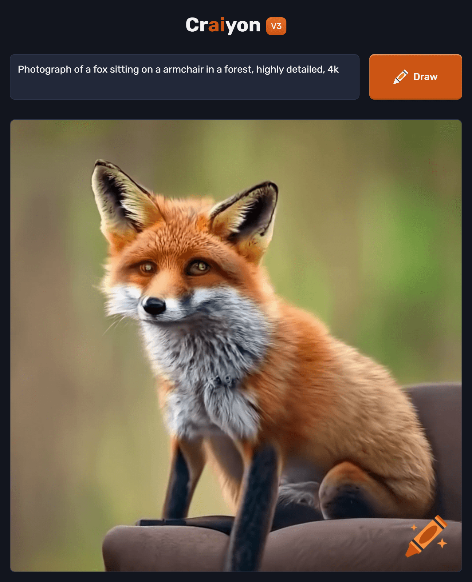 Detailed AI prompt example. Prompt: Photograph of a fox sitting on a armchair in a forest, highly detailed, 4k // Negative Words:  // Crayon AI Model: Art
