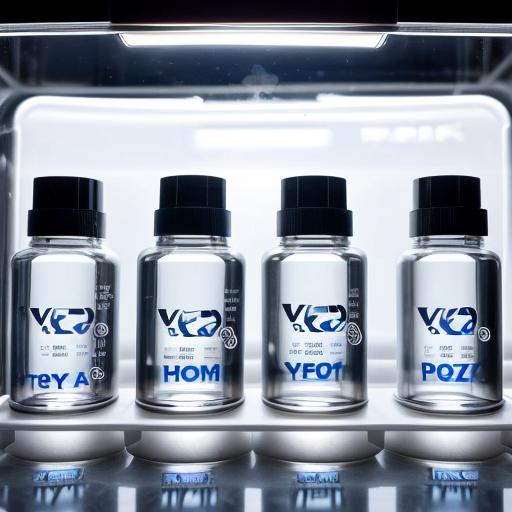 Pharmaceutical freeze-drying process in a laboratory, showing vials inside a lyophilizer chamber with ice sublimating into vapor, detailed scientific illustration style"