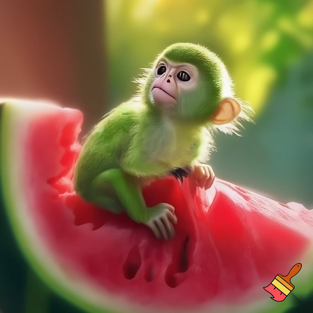 Green realistic monkey inside a watermelon
