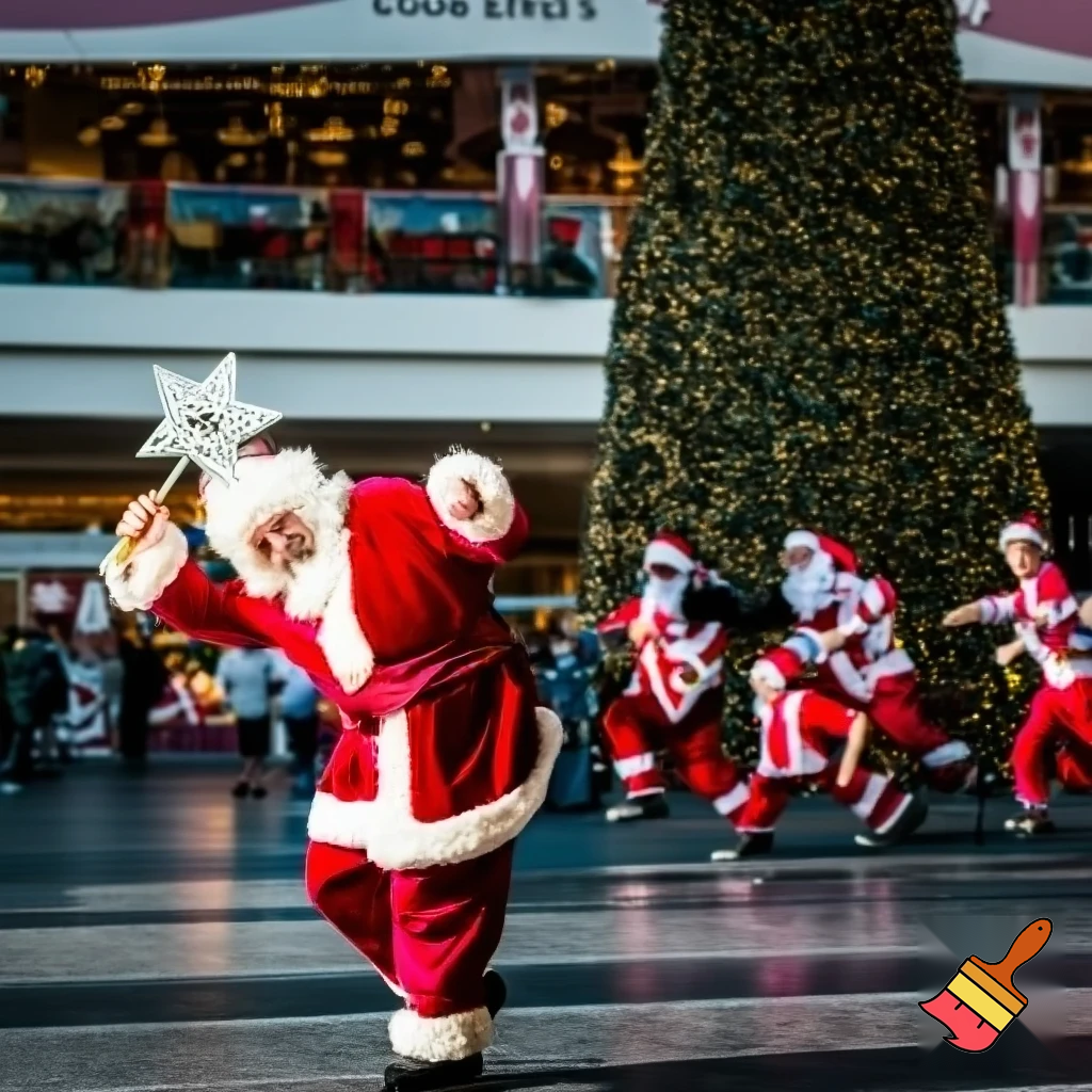 Santa Claus dancing shopping Centre walking Australian magic walking stick walking stick star running outside of the shopping centre on the Christmas tree  policeman are running the two naughty Santa Claus the two good Santa Claus and the naughty one