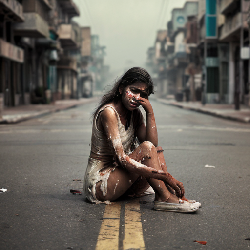 Realistic Disney-style young Indian girl sitting alone on street, old torn dress, messy hair, tears on her face, empty street background, soft overcast cinematic lighting, emotional atmosphere, character-locked, cinematic fantasy feel”