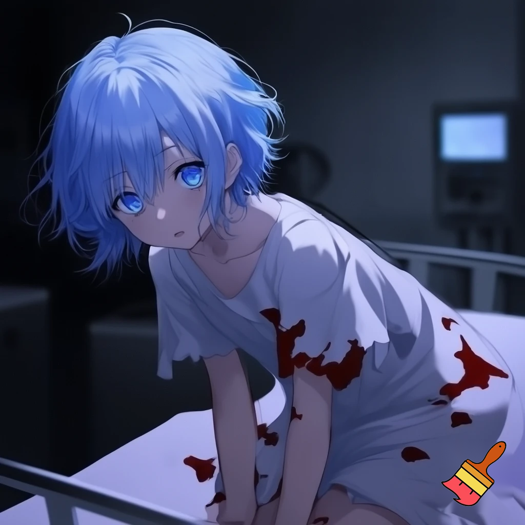 An innocent anime girl with short blue hair and glowing blue eyes wearing a bloody hospital gown