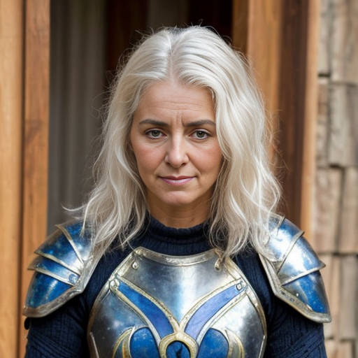 young, tall, white-haired woman in armor is sad because a Turkish man stole her knife.