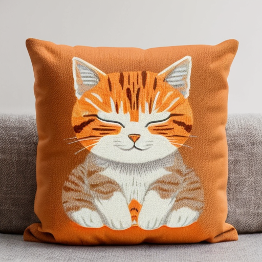A fluffy orange cat sleeping on a soft cushion, peaceful expression, warm cosy colours in cartoon style