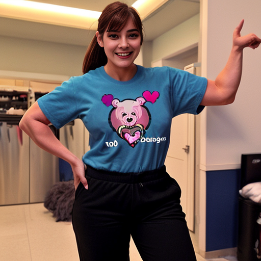 Species: Female care bear. Fur: Black. Features: large and muscular arms, huge muscles, circular eyes, eyelashes, sharp teeth, claws, busty, two meters tall, large breasts. Attire: Blue T-shirt and pants.