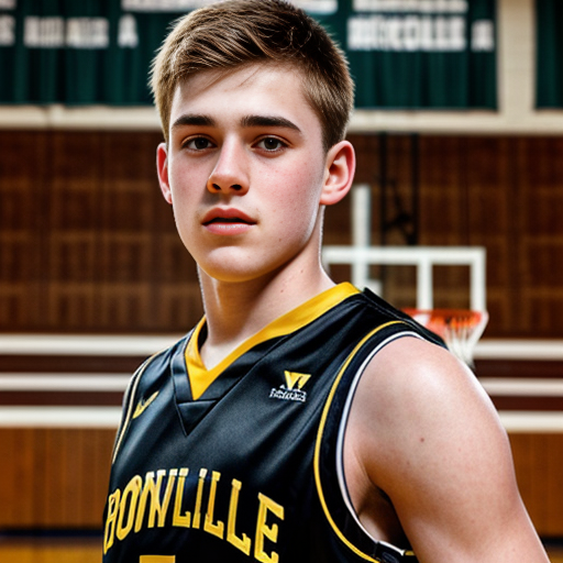 Make a high school age boy in a black and gold boonville basketball jersey