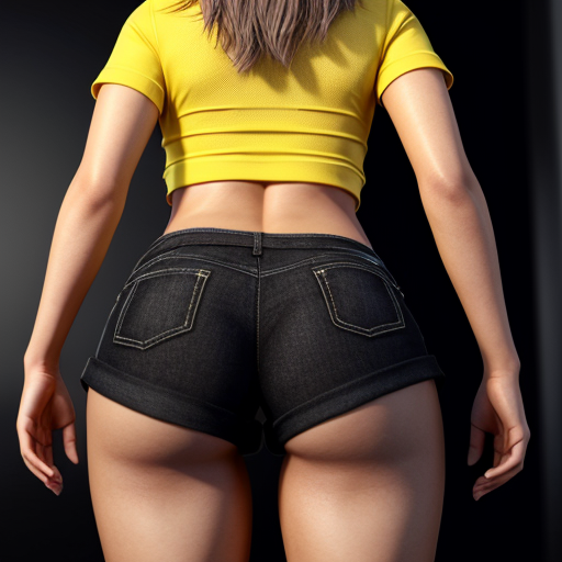 Latina wearing yellow shirt and black very short booty shorts, rear view