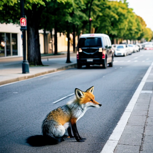 Ein Fuchs als Mann geht über eine Straße.