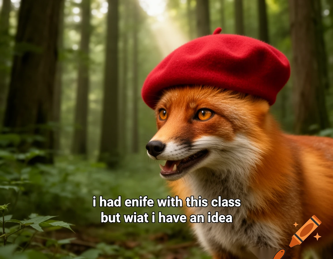 the fox with a red hat says i had enife with this class but wiat i have an idea