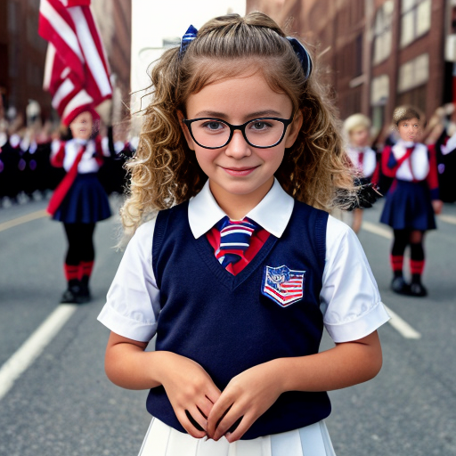 Cute adorable niña Chilindrina glasses con hair lazo curly Blonde con sailor uniforme escolar con zapatos negros escolar con calcetines blancos con Estados Unidos América bandera con desfile con ciudad 4