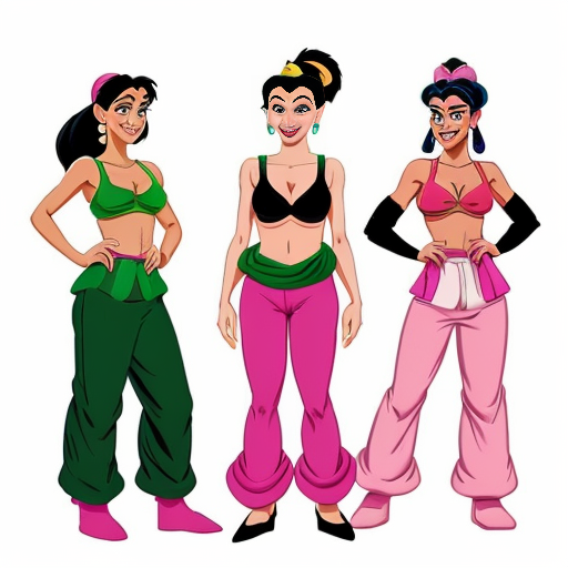 90's disney's 2d aladdin style image black background and of a three headed black haired ponytail woman with green skin,green harem pants pink bra and pink sash and pink curved slippers