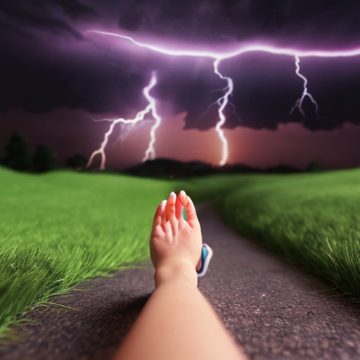 Lily Lowbraid from Poppy Playtime 5, standing upright, low-angle perspective, looking directly at tiny viewer (lilliput scale), one hand flat on the ground, palm naturally resting, fingers slightly spread, dramatic purple lightning sky, road and grass environment, realistic PS5-style graphics, photorealistic, highly detailed