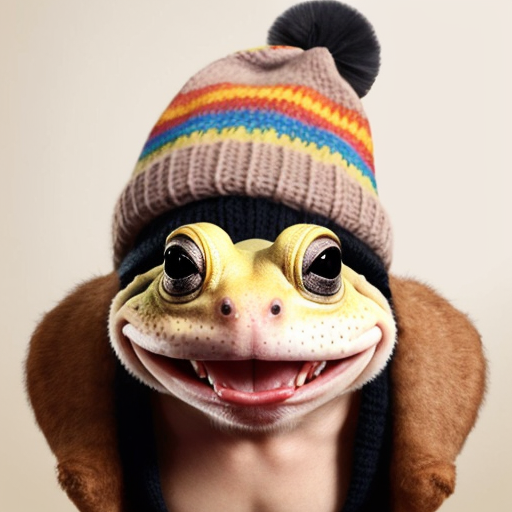 A laughable, puzzled animal toad in woolen, multicoloured winter clothings with woolen, funny winter cap. Hyperrealistic art style.