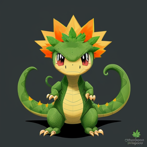 Faz um pokémon dinossauro adolescente dos tipos planta e lutador, faz ele com uma folhinha na cabeça e um pouco inspirada no charmeleon