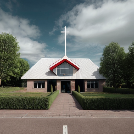 Asland Human peoples and children with sci-fi futuristic clothing at the Asland village with flag of Asland with white field and red-linned black saltire, beige sci-fi futuristic houses with red brick sci-fi futuristic roofs, grey sci-fi futuristic houses with red brick sci-fi futuristic roofs, beige sci-fi futuristic Catholic church with red brick sci-fi futuristic roof, road, gardens, corn fields, meadows taiga forest, hills and cloudy sky in May 2621.