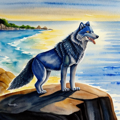 create an image of a glowing blue wolf, with glowing red eyes and a crocodile mouth. Its on a rocky cliff over seeing the sea