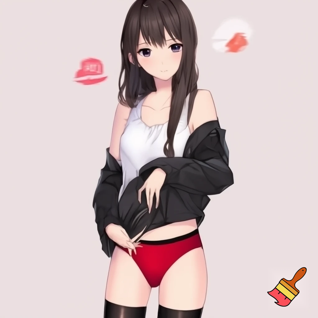 Anime girl 20 years old so cool and cute with red underwear clothes is dressing very short shirt and thigh high socks is standing in cool pose and her body is shiny make is so anime and make