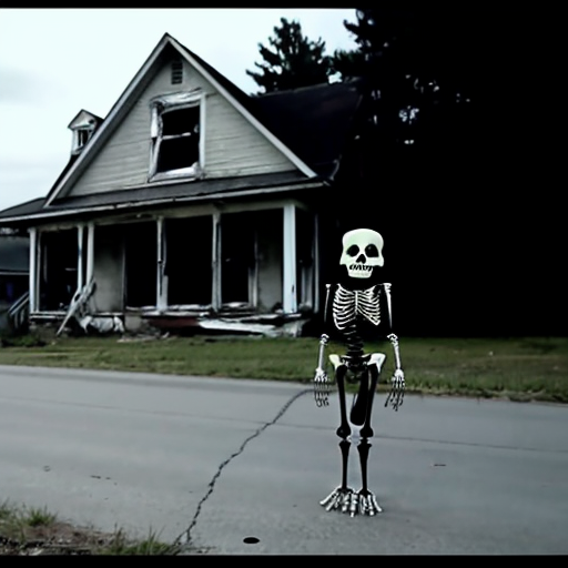 black skeleton standing outside an abandonded house, found footage quality, at midnight