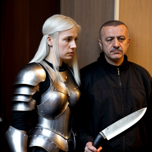 young, tall, white-haired woman in armor is sad because a Turkish man stole her knife.