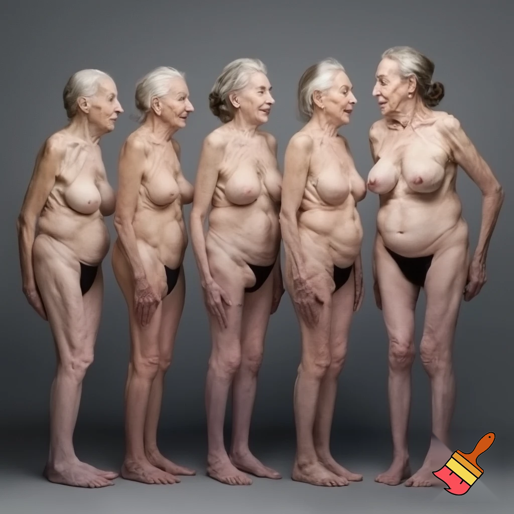 Five naked elderly women standing in a row, their large breasts and bellies exposed, some wearing only thongs, their skin wrinkled and aged, with gray hair, standing still, facing forward or slightly toward each other, in a neutral studio setting, no movement, no sexual action, but the nudity is explicit and adult-oriented.