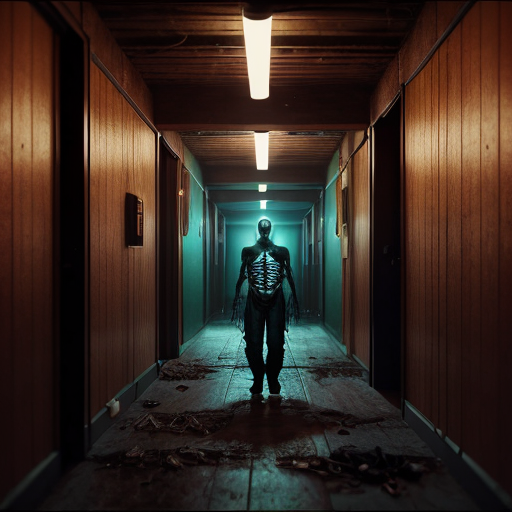 A terrifying, multi-armed supernatural entity with a skeletal, cross-marked forehead, draped in tattered, swirling dark robes, levitating in the center of the frame.
Setting: A retro-futuristic, claustrophobic corridor with wood-paneled walls and glowing circular light fixtures, integrated with vintage 1970s audio reel-to-reel tape recorders and computer consoles.
Atmosphere & Lighting: Dim, moody, cinematic lighting, intense orange and teal color grading, volumetric haze, deep shadows, dark ambient aesthetic.
Technical/Style: Photorealistic, 35mm film still, grainy texture, high dynamic range, sharp focus on the entity, shallow depth of field, captured on a vintage camera, 8k resolution, highly detailed textures