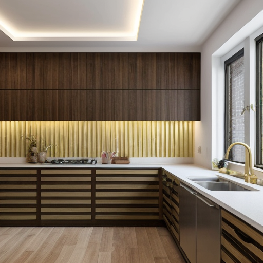 generate an interior picture of a room, with a 2.5-meter-long and 2.7-meter-high wall on the left, with 5 4-centimeter-wide pecan-colored boards on the left and right edges of the wall, and black wallpaper with gold-colored thin stripes in between. There is also a 60-centimeter-wide and 2-meter-high decorative panel with a floral pattern, and a 60-centimeter-wide and 2-meter-high mirror. the second wall begins with 50 cm of 4 cm wide pecked walnut-colored slats, followed by a 1.80 m long and 1.3 m high counter with a glass in the middle that is illuminated from the inside with yellow light, then 90 cm of slats that are pecked at regular intervals, and the wall ends with a door that matches the color of the counter. The third wall is covered with decorative plaster. Design this room in a modern and stylish manner.