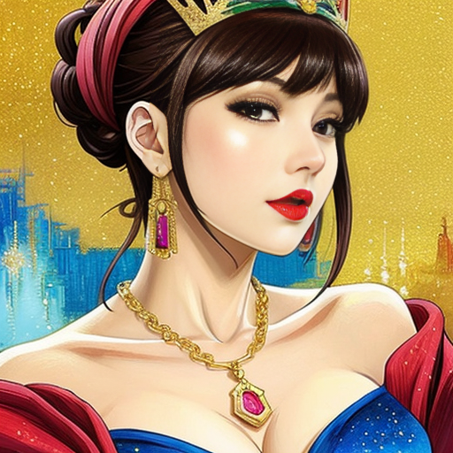 Generate an art-portrait of a young Latina woman. She wears a blue satin off-the-shoulder top, red lipstick. With jewellery: big golden necklace and great earrings with sapphires. The image has a background with gold flakes and gold leaf. Painting oil on canvas in the style of Vincent van Gogh. 
