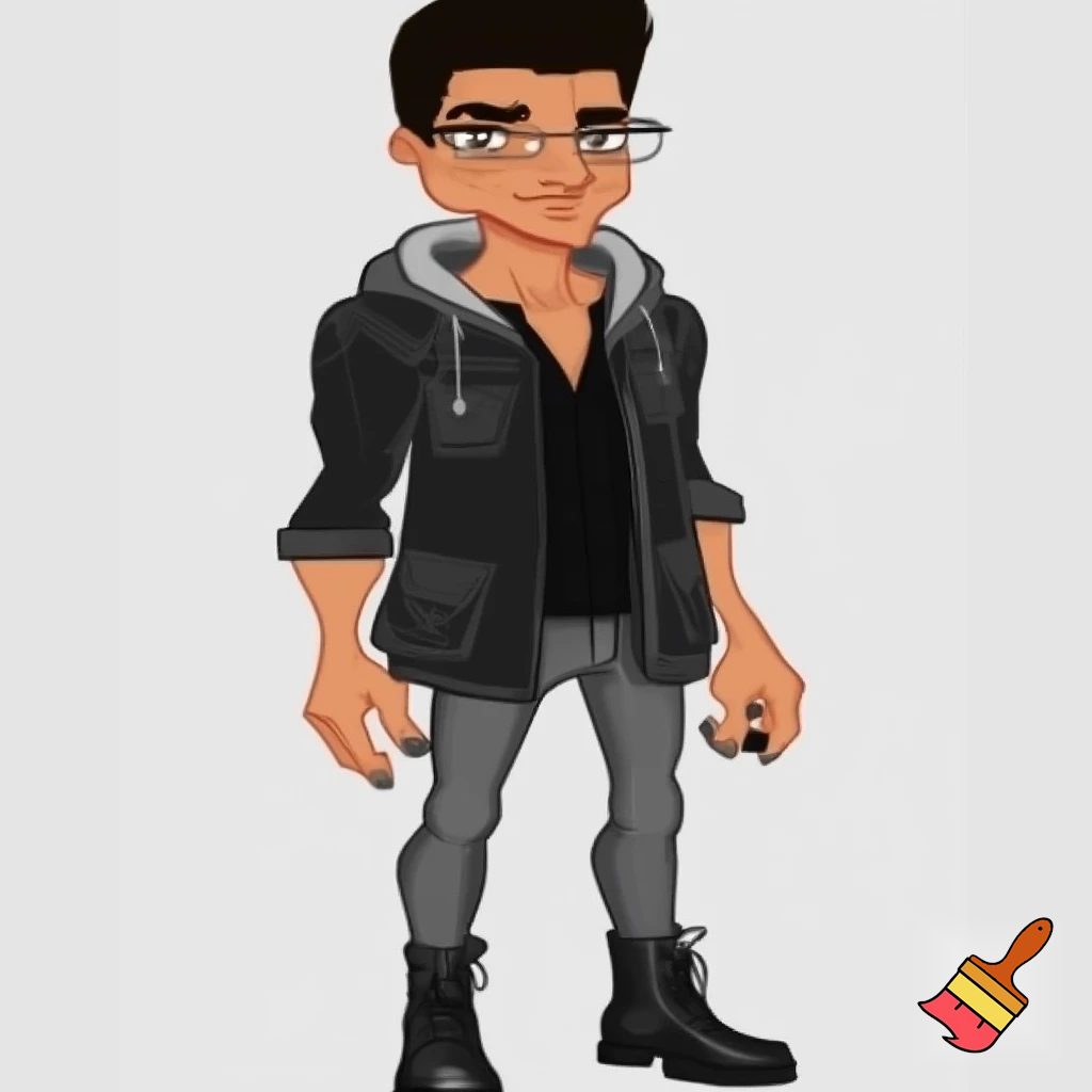 A tall, skinny, lean man with tan skin and v-tapered masculine physique, moderate muscle and prominent bone definition a heart shaped face with well defined structure, black bushy but shaped eyebrows, long lashes and coffee black 3C hair and irises wearing a black denim field coat with a grey hood attached, slim rectangular glasses with a silver glasses chain, and a black henley buttoned shirt slightly undone, black nails, sleeves rolled up the elbows, denim grey jeans and black leather combat boots 