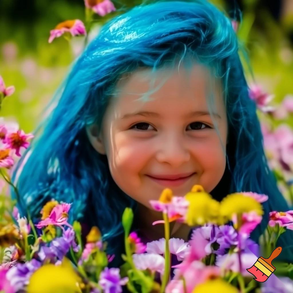 a girl in flowers with blue hair smileing