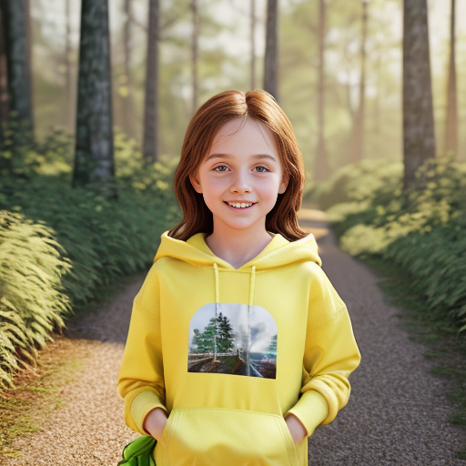 A sweet 7-year-old girl, fair skin, big expressive hazel eyes, long chestnut brown hair slightly wavy, small round nose, soft rosy cheeks, gentle smile. She wears a light green hoodie, blue jeans, white sneakers, and a small yellow backpack. Pixar-style 3D character, soft lighting, rounded shapes, child-friendly proportions, high-quality 3D illustration.
Walking on a forest path near her house, tall trees and bushes, sunlight rays through leaves, small colorful flowers along the path, peaceful and warm atmosphere, square format, 1:1 aspect ratio, centered subject
