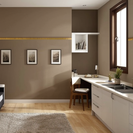 generate an interior picture of a room , not kitchen, with a 2.5-meter-long and 2.7-meter-high wall on the left, with 5 4-centimeter-wide pecan-colored boards on the left and right edges of the wall, and black wallpaper with gold-colored thin stripes in between. There is also a 60-centimeter-wide and 2-meter-high decorative panel with a floral pattern, and a 60-centimeter-wide and 2-meter-high mirror. the second wall begins with 50 cm of 4 cm wide pecked walnut-colored slats, followed by a 1.80 m long and 1.3 m high counter with a glass in the middle that is illuminated from the inside with yellow light, then 90 cm of slats that are pecked at regular intervals, and the wall ends with a door that matches the color of the counter. The third wall is covered with decorative plaster. Design this room in a modern and stylish manner.