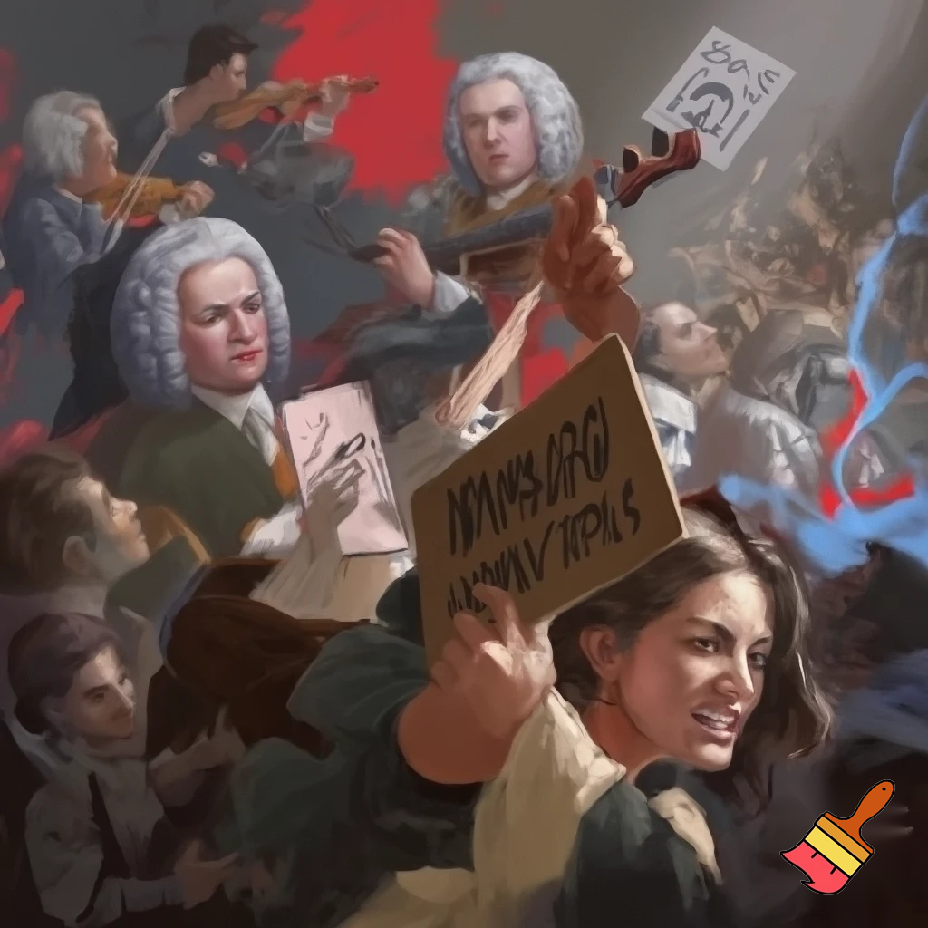 woman protesting violins with counter protesters being bach and motzart and there is people with signs fighting in the background smashing violins 