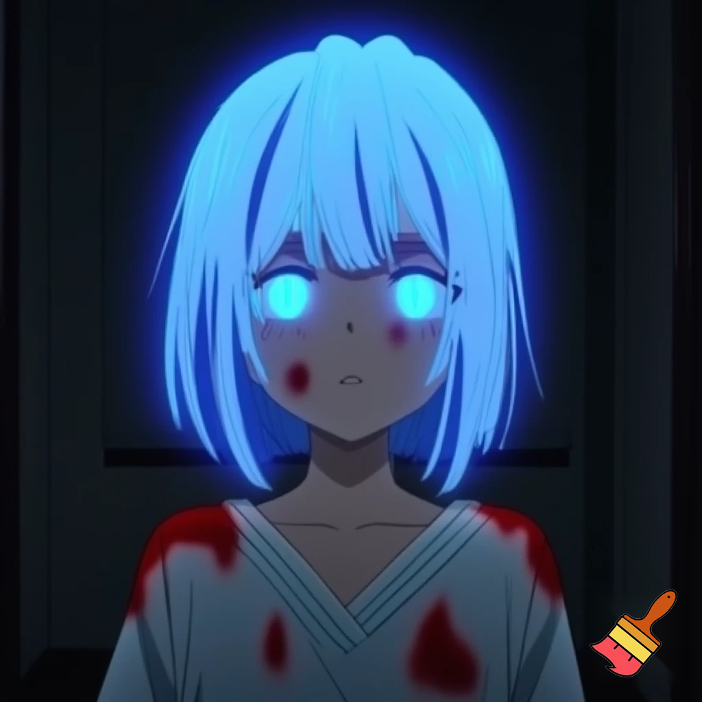 An anime girl with glowing blue hair and glowing blue eyes in a bloody hospital gown