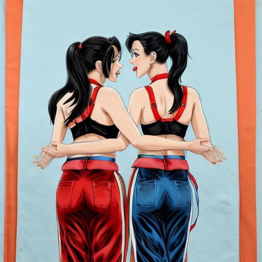 90's disney's 2d aladdin style comic dark blue background and Panels of Panel 1 two black haired ponytail women with blue skin,blue and red striped harem pants and bra and and red curved slippers, walking pass each other. 
panel 2 However, as the two black haired ponytail women with blue skin,blue harem pants red bra and red sash and red curved slippers kisses each other, they are merged, by the pelvis with the red and blue striped harem pants on their butts being conjoined together. 
Panel 3 One of the two black haired ponytail women with blue skin,blue harem pants red bra and red sash and red curved slippers is shocked to realize that the first black haired ponytail woman with blue skin,blue harem pants red bra and red sash and red curved slippers is merged with the second black haired ponytail woman with blue skin,blue harem pants red bra and red sash and red curved slippers after they both kissed. 
Panel 4 Wanting to separate themselves, both the two black haired ponytail women with blue skin,blue harem pants red bra and red sash and red curved slippers begin pulling their merged butts apart. 
Panel 5 However, the two black haired ponytail women with blue skin,blue harem pants red bra and red sash and red curved slippers both fail. 
Panel 6 and then the black haired ponytail woman with blue skin,blue harem pants red bra and red sash and red curved slippers two snap back into each other, exploding into a blast of colors.