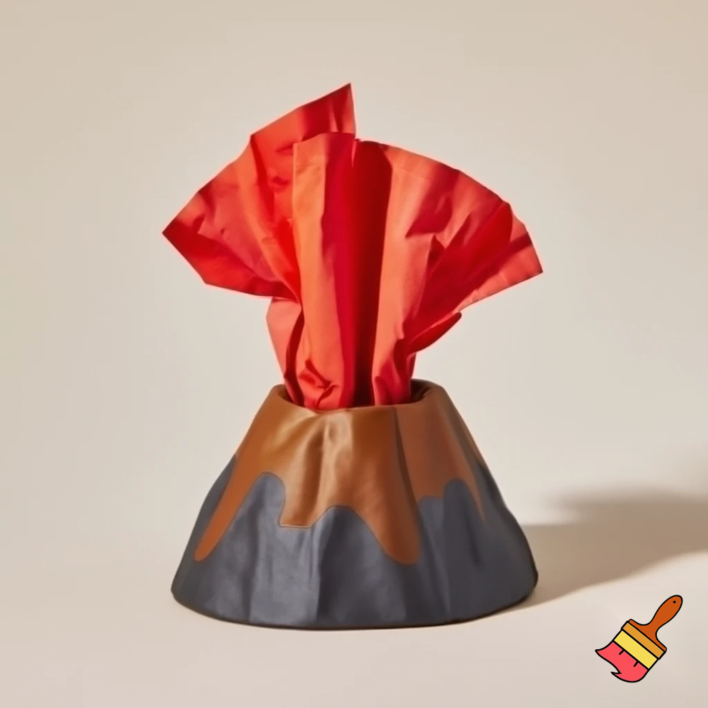 Create a packaging for a tissue box in the shape of a volcano with red tissues coming out from the top of the volcano."