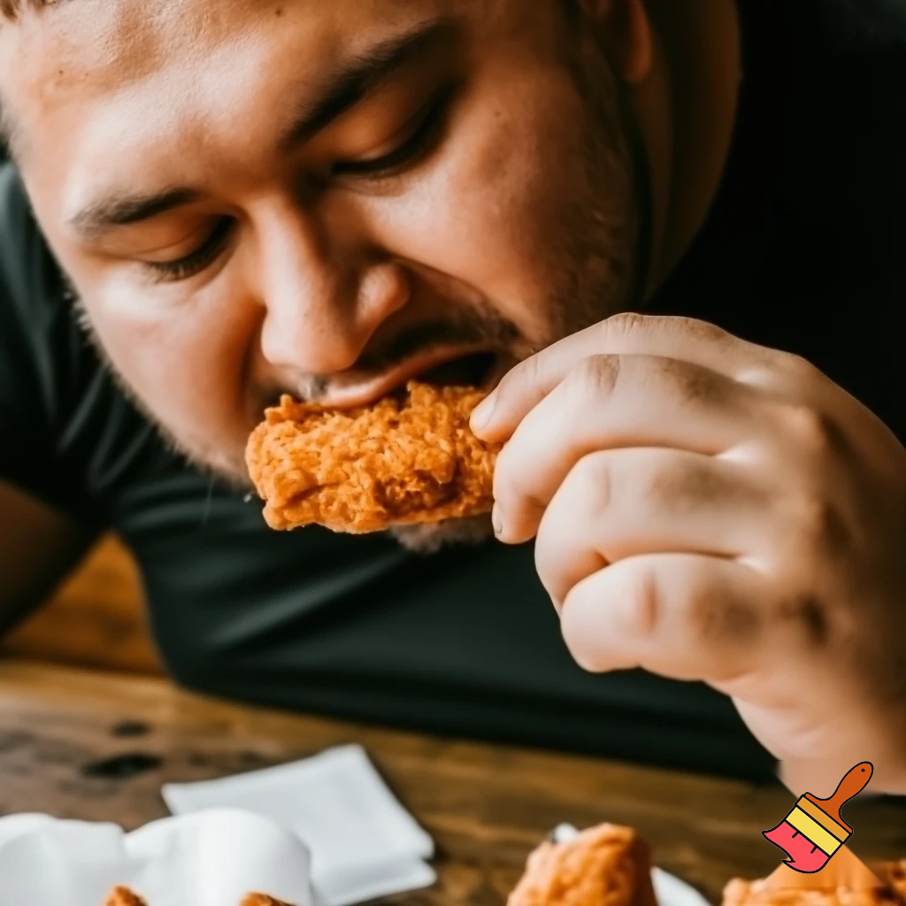a fat guy eating fried chicken