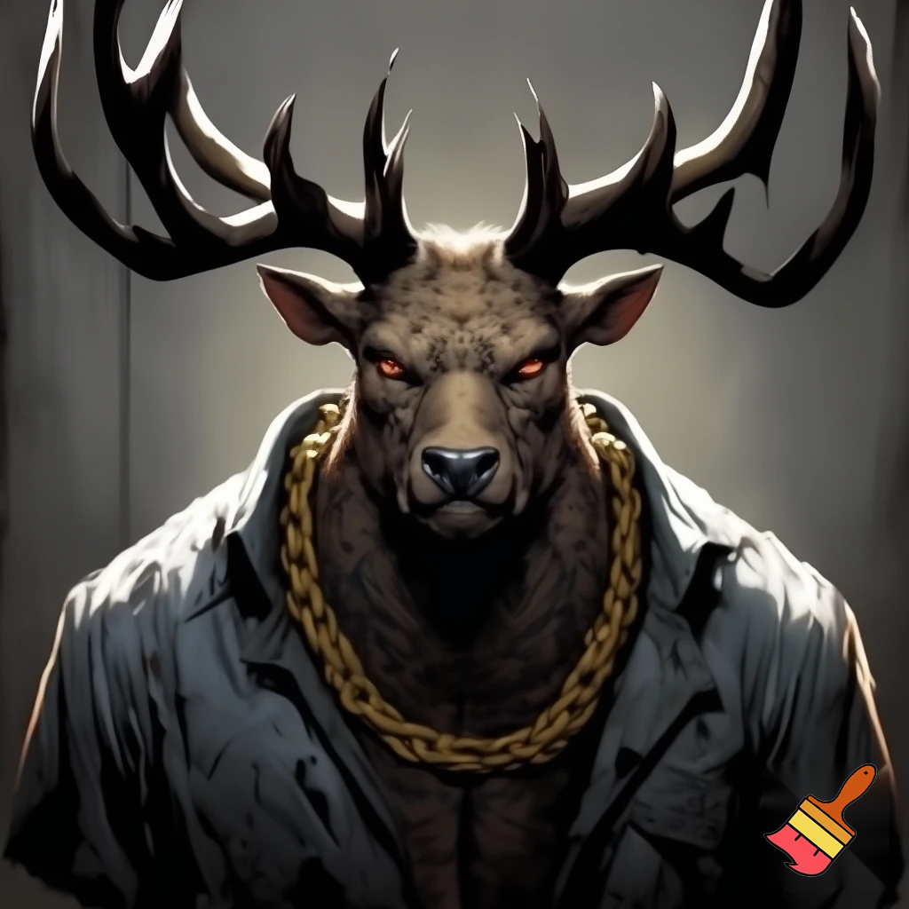 mugshot of a fierce evil deer wearing prison outfit with tatoos and gold chains