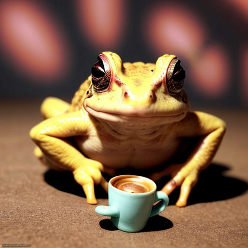 A hillarious, funny boho toad with some hippie colored coffee cups. Psychedelic decorated background, hyperrealistic.
