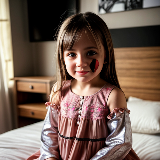 Chilean little girl at night dress, very beautiful, on the bedroom, close up