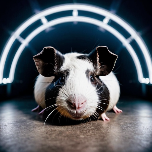 teddy the guinea pig is round in an epic pose with Elbrus on its back as part of its body, with blue neon eyes and atomic breath in the clouds and thunderstorm, with cinematic lighting for drama
